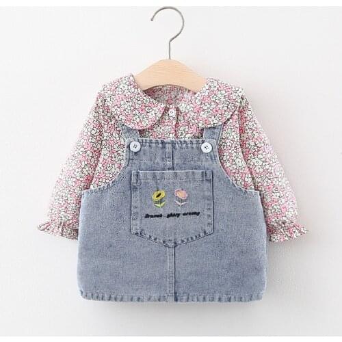 Baby Girls Autumn Sweet Embroidered Floral Long-Sleeve Blouse + Denim Suspender Dress 2pcs Suit Princess Suit kids