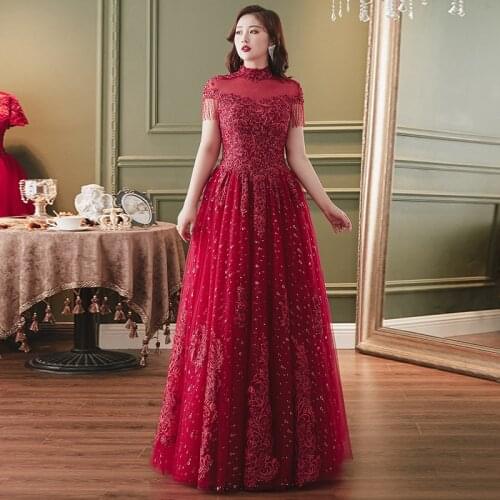 Burgundy High Neck Sequins Evening Dress Floor-Length A-Line Beading Short Sleeves Embroidery Plus Size Women Formal Gowns D892