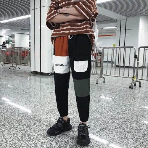 Hot 2021 New Mens Cargo Pants Hip Hop Spliced Color Sweatpants Leisure Elastic Waist Joggers Street attire Harajuku Men Length
