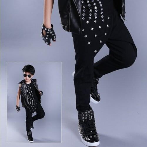 Jazz Costume Black Rivet Harem Pants Boys Street Dancing Hip Hop Clothing Kids Modern Stage Performance Wear Children DNV11056