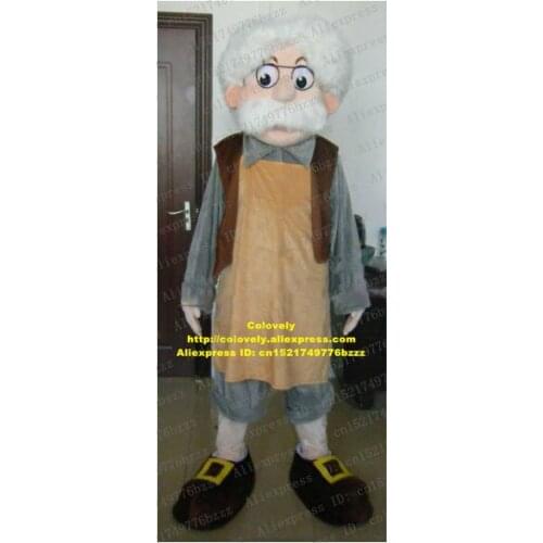 Fatherly Gepetto Geezer Old Fart Mascot Costume With Gray Shirt Yellow Skirt Brown Waistcoat Black Big Shoes No.5725 Free Ship