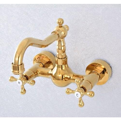 Gold Color Brass Dual Cross Handles Wall Mounted Hot & Cold Bathroom Kitchen Basin Sink Swivel Faucet Mixer Tap zsf621