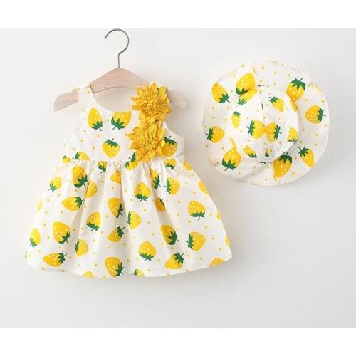 Summer Toddler Girls Strawberry Print Dot Vestidos with Hat Baby Dress for Newborn Baby Girls Clothes Sleeveless Casual Dresses
