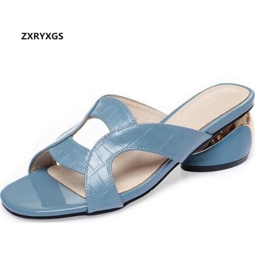 Best Sale 2021 New Summer Open Toe Slipper Women Sandals Comfort Thick Heel Elegance Genuine Leather Slippers Women Sandal Shoes