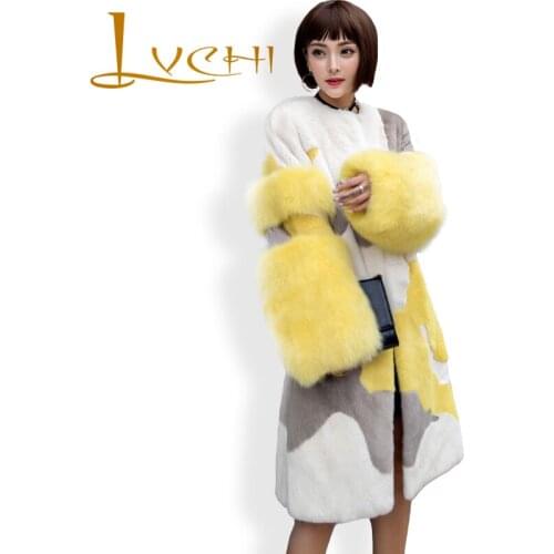 LVCHI Winter Coats Women Midi Colorful Velvet Mink Fur Fox Fur Round Neck Full Pelt Coat White, Rich and Beautiful Girl Coat