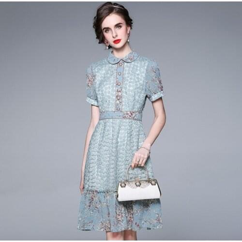 ZAWFL Fashion Runway Summer Midi Dress Women Puff Short sleeve Gorgeous Mesh Flower Embroidery A Line Elegant Party Dresses