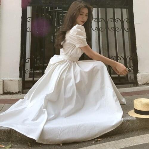 Women Chic Summer Dress Women Temperment Solid Color Back Bowknot Puff Sleeve High Waist Vestidos Female
