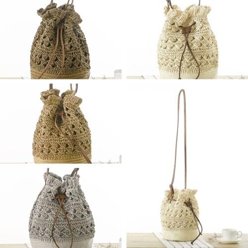 Woven Rattan Bag Barrel Straw Shoulder Bag Hollow Beach HandBags Women Summer Bohemian Handmade Drawstring Bag Crossbody Bags