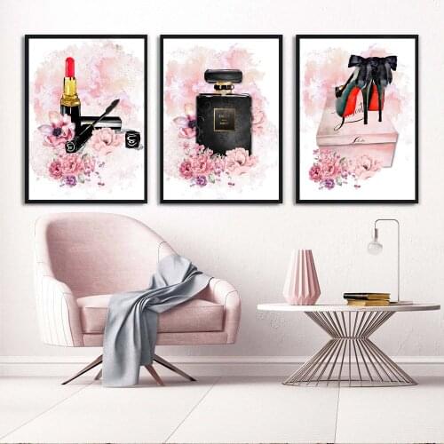 Lipstick High Heels Posters And Prints Perfume Bottle Canvas Painting Pink Flower Peony Wall Poster Beauty Room Decoration