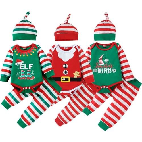 Baby Boy Christmas Clothes Set Letter Bodysuit Romper Striped Pants Hat Cap 0-18M Newborn Infant Festival Casual Cotton Outfits