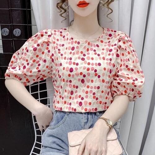 Puff Sleeved Polka Dot Chiffon Women Blouse Summer New Design 2021 Slim Elegant Office Lady Pulls Outwear Tops