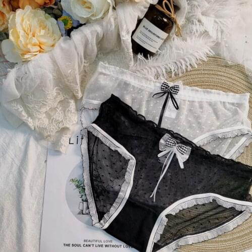 NEW Fashion Bow Lace Ruffles Briefs Polka Dot Print Cotton Crotch Panties Sexy Breathable Transparent Mesh Thong For Women