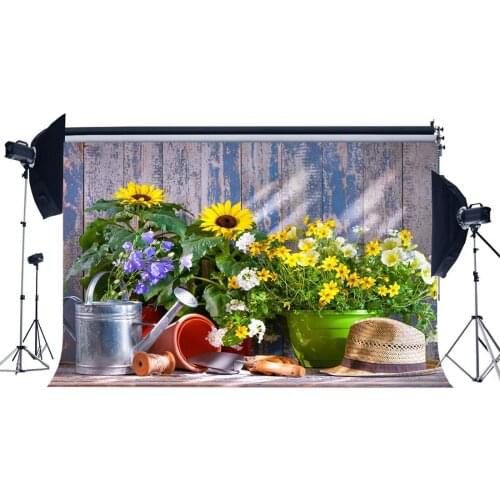 Spring Garden Tool Backdrop Straw Hat Blooming Fresh Flowers Sunshine Color Background Kids Adults