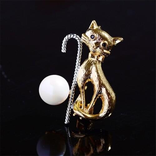 Simulated Pearl Vintage Brooches for Women Men Suit Accessories Lovely Cat Gold Plated Brooch Pin Wedding Fashion Broche Jewelry