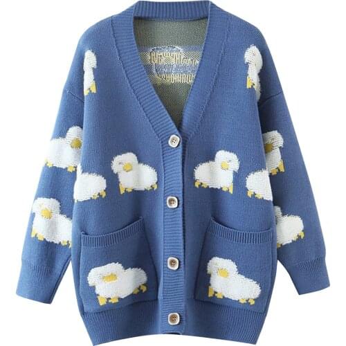 Y2K Cardigan Women Sweater Loose Oversize Women Long Sleeve Cartoon Sheep Elegant Cardigan Tops Sweet Knitted Coat Jacket Women
