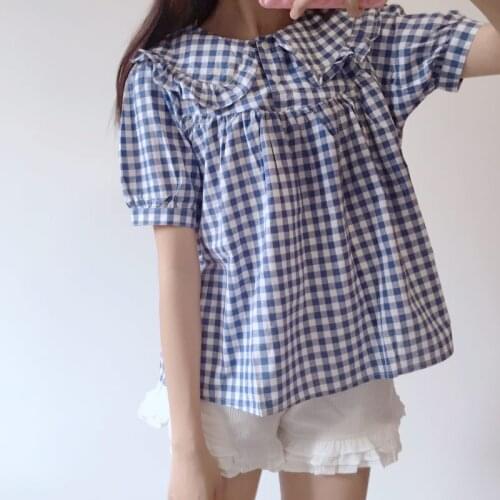 Blue Short Sleeve Women Plaid Blouse And Tops 2021 Summer Peter Pan Collar Sweet Style Korean Fashion Ladeis Kawaii Cute Clothes