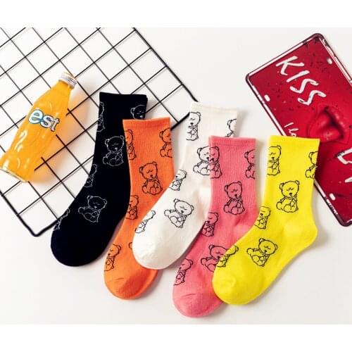 Ladies Socks College Style Mid Tube Socks 1Pair Animal Print Cute Woman Sock Pure Color Cotton Bear Pattern Female Sox