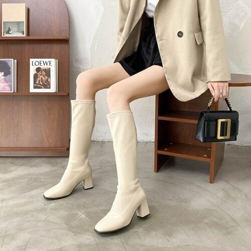 Faux Leather Women Knee High Boots Pointed Toe Boots Women Long Chunky Block High Heel Boots Black Apricot Brown