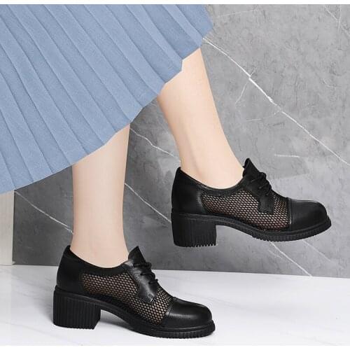 New women mesh breathable round toe high heels shoes ladies fashion thick bottom platform lace up Ankle leather pumps