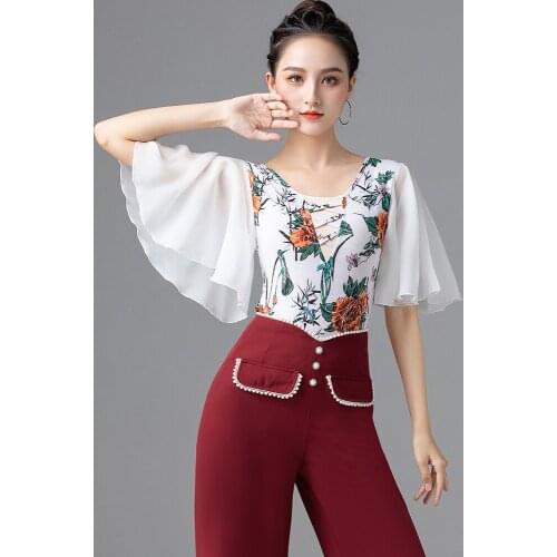 Fashion Printing Latin Dance Tops Summer Flared Sleeves Practice Wear Women Ballroom Tango Dancing Performance Costume VDB3747