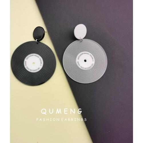 QUMENG vintage korean Vintage Black Vinyl Record Acrylic Earrings For Women Personality Transparent Circle Record stud Earrings