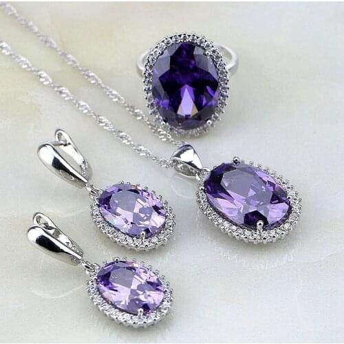 Trendy Purple Cubic Zirconia White Crystal 925 Sterling Silver Jewelry Sets For Women Wedding Earrings/Pendant/Necklace/Ring