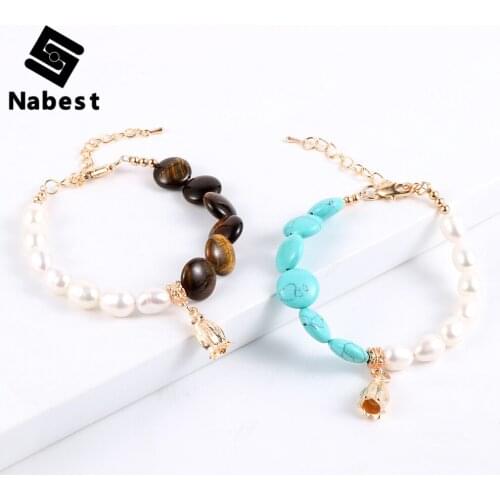Women Natural Stone Turquoises Freshwater Baroque Pearls Bracelet Tiger Eye Onyx Green Tanglin Crystal Flower Charm Jewelry Gift