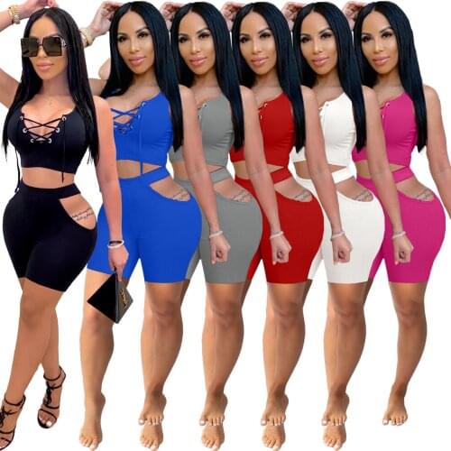 Sexy Grommet Bandage Hollow Out 2 Piece Outfits Casual Active Womens Set Crop Tops + Shorts Matching Two Piece Set Tracksuit