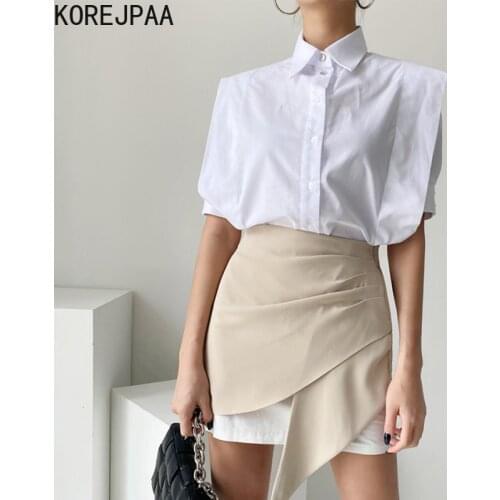 Korejpaa Women Sets 2021 Summer Korea Temperament Lapel Single-Breasted Loose Short-Sleeved Shirt High Waist Irregular Hip Skirt