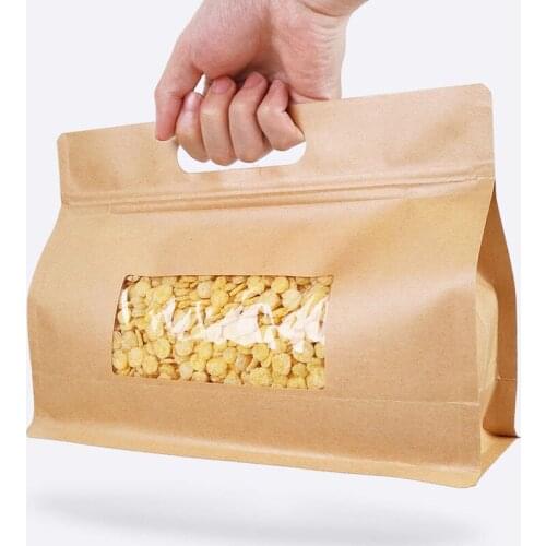200Pcs/Lot Kraft Paper Octagonal Ziplock Organ Bag With Handle Window Packaging Self Sealing Bag Dried Tea And Dried Fruit Bag