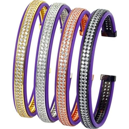 Cubic Zirconia Bangles 2018 Luxury Brand Men Hand Bracelet CZ Beads Copper Crystal Rhinestone Purple Leather Cuff Bangle Homme