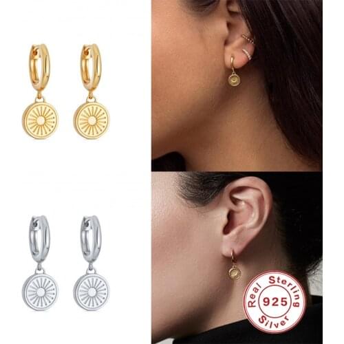 Aide 925 Sterling Silver Drop Earrings With Sunlight Pattern Round Disc Circle Charm Pendant Dangle Earring For Women Jewelry