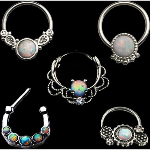 BOG-316L Surgical Steel Opal Septum Nose Ring Septum Clicker With White Opal Gem 16g 14g Piercing Body Jewelry
