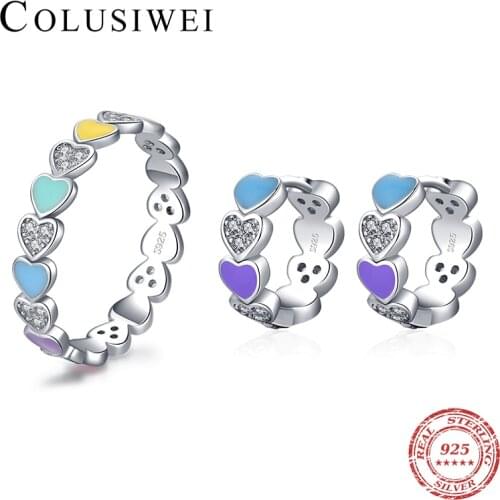 Colusiwei Authentic 925 Sterling Silver Jewelry Set Rainbow Heart to Heart Enamel Rings & Hoop Earrings For Women Fine Jewelry