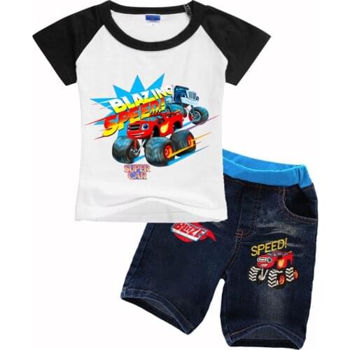 2021 New Monster Machines Short Sleeve Childrens T-shirt Set Blaze Printed Childrens Shoulder Blue Short Sleeve T-shirt