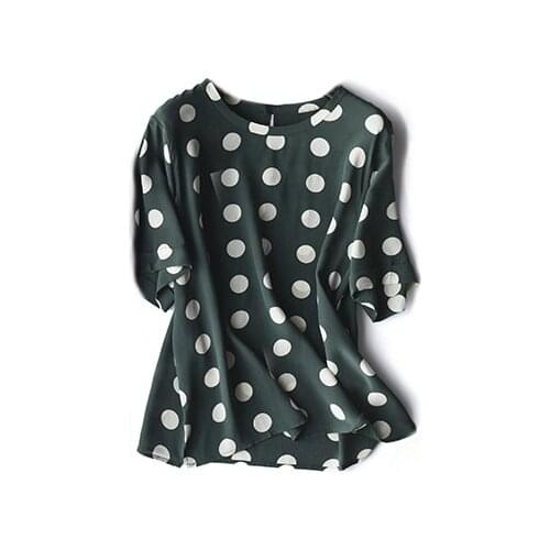 Elfbop Silk Ladies O Neck Contrast Dots Printed Blouse Top - 2020 New Women Black/Green/Pink Shirt Top