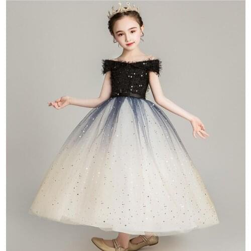 Sequin Tulle Flower Girl Dress Off Shoulder Princess Pageant Wedding Clothes Kids Bridesmaid Birthday Party Dress Ball Gown