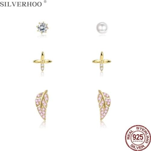SILVERHOO 925 Sterling Silver Earrings For Women Sparkling Wing Flower And Zircon Pearl Stud Earring Set Hot Sale Fine Jewelry