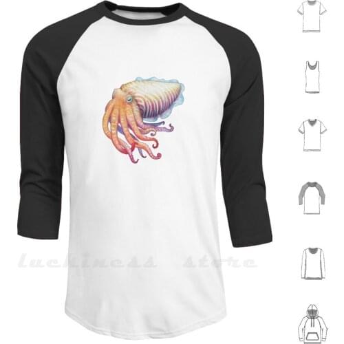 Cuttlefish Hoodies Long Sleeve Cuttlefish Squid Octopus Tentacle Rainbow Colorful Watercolor Illustrative