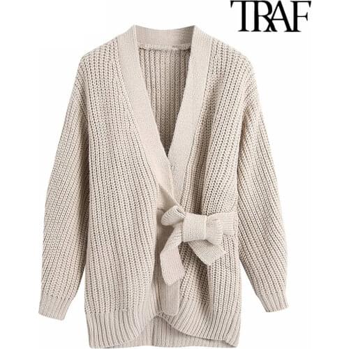 TRAF Women Fashion With Tied Loose Wrap Knit Cardigan Sweater Vintage V Neck Long Sleeve Female Outerwear Chic Tops