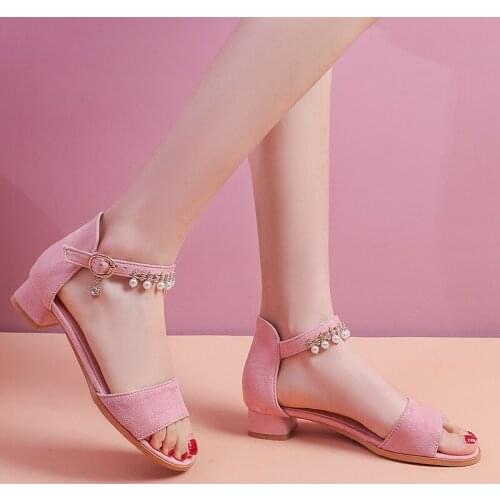 YQBTDL Summer Girl Small Size 30-39 Ankle Buckle Crystal String Bead Princess Chunky Low Heel Sandals Women Shoes Pink Green