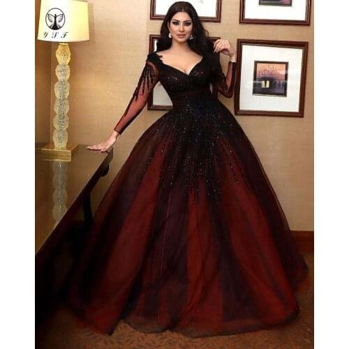 Best Selling Contrast Color Juliet Neck Beaded Stones Heavily Long Sleeve Ball Gown Evening Dresses