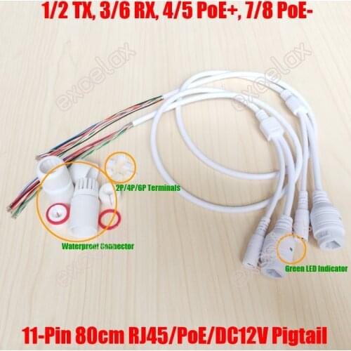 2PCS/Lot 11 Pin IP Camera Module Network Cable Pigtail 80cm 4/5+ 7/8- POE RJ45 DC12V LED Board Power Supply w/ Waterproof Cap