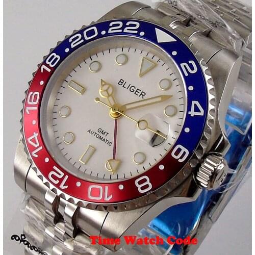 BLIGER 40mm Mechanical blue GMT Mens Wristwatch White dial Date display sapphire glass Jubilee ceramic bezel 3804 movement