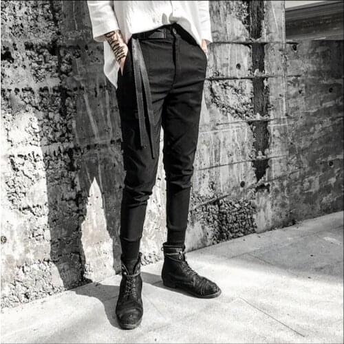 2020 New Hairdresser Personality Ribbon Decoration Casual Pants Mens Slim Tide Youth Black Skinny Pants Pure Color Feet Pants