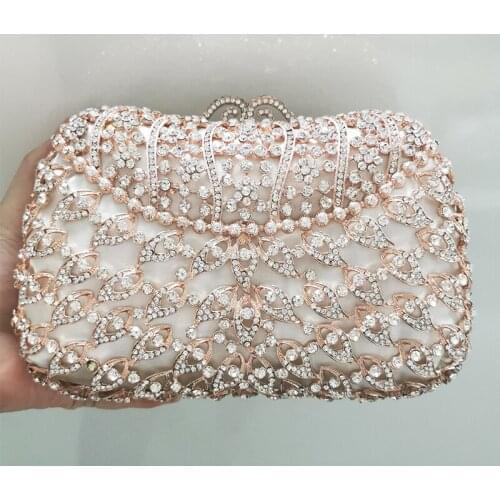 New Arrival White Diamond Pink Wedding Clutch Hollow Out Women Crystal Shoulder Chain Handbag Luxury Lady Lipstick Minaudiere