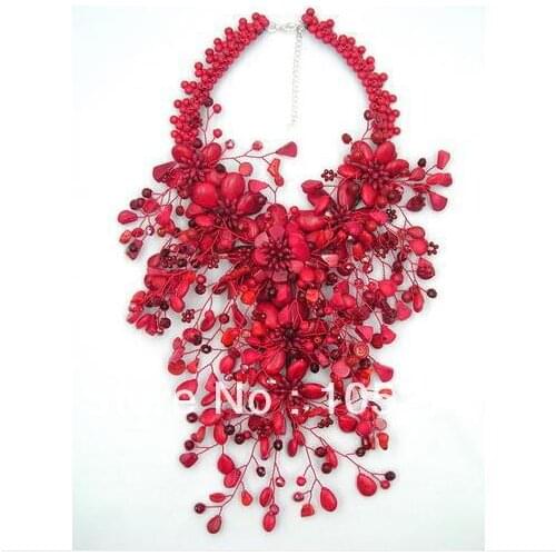 Charming Red Coral Flower Jewelry Luck Red Color Coral Howlite Crystal Beads Wird Flower Heavy Statement Necklace 16'' Hot Sale