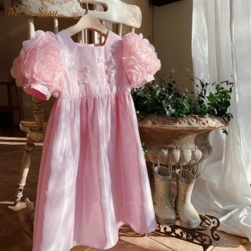 Baby Girl Princess Dress Floral Puff Sleeve Infant Toddler Teen Vintage Beading Bow Vestido Party Pageant Birthday Clothes 1-12Y