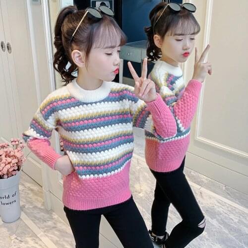 Girls Sweater Autumn Winter Childrens Pink Striped Wool Tops Teenage Kids Knit Sweaters Girls Warm Clothes for 11 12 13 14 Year