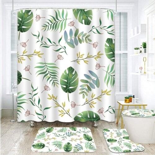 Green Tropical Plants Shower Curtains Nature Leaves Green Bath Curtain Set Waterproof Fabric Curtains For Bathroom Shower Decor
